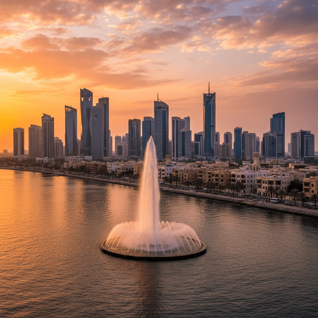 Jeddah skyline at sunset with King Fahd's Fountain and cityscape