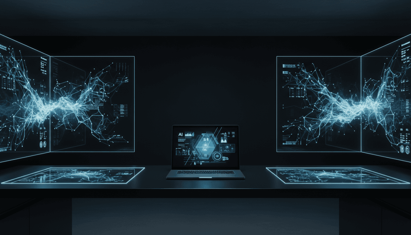 مساحة عمل حديثة مع واجهة ذكاء اصطناعي وإضاءة زرقاء