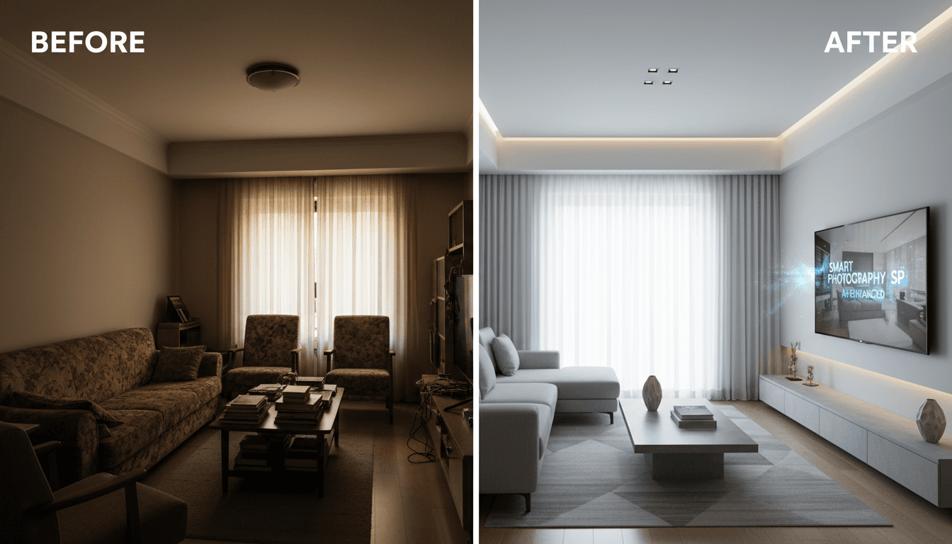 Modern living room transformation showcasing before and after AI enhancements