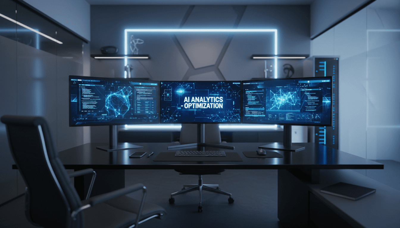 Modern AI technology workspace with digital analytics displays and professional setup